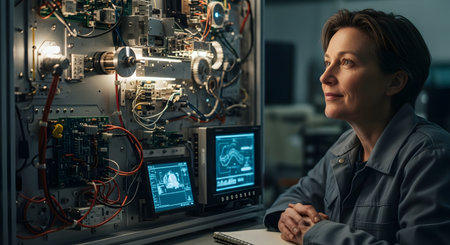 A professional female scientist or engineer with short hair looks thoughtfully at a complex piece of electronic equipment with glowing monitors in a modern laboratory. She appears focused and content, representing innovation and women in STEM fields.の素材