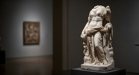 A headless classical marble statue of a draped female figure stands on a pedestal in a dimly lit museum. The sculpture is the focal point, with a blurred painting and dark walls in the background, creating a contemplative atmosphere.の素材