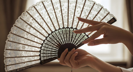 A woman's elegant hands with a delicate manicure hold open a beautiful vintage-style folding fan made of white lace and an ornate black frame. The soft, atmospheric lighting enhances the sense of romance, mystery, and classic femininity.の素材