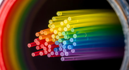 A macro photograph showing the ends of a bundle of fiber optic cables, glowing with a vibrant spectrum of rainbow colors against a dark background. This image represents high-speed internet, data transmission, technology, and modern communication.の素材