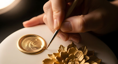 A macro shot captures an artist's hand with extreme precision, using a fine-tipped brush to apply shimmering gold paint to a decorative white object. The detailed work on a golden floral element highlights the concepts of craftsmanship, luxury, art, and meticulous attention to detail.の素材