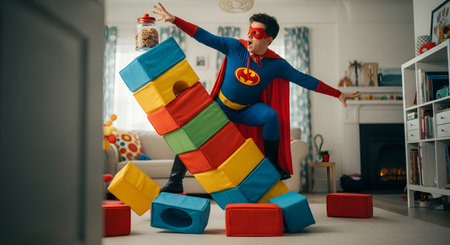 A playful father dressed in a superhero costume with a cape and mask is balancing precariously on a tower of colorful building blocks in a living room. He holds a cookie jar, embodying the concept of a fun, heroic 'super dad.' This humorous scene represents fatherhood, parenting, imagination, and family fun.の素材