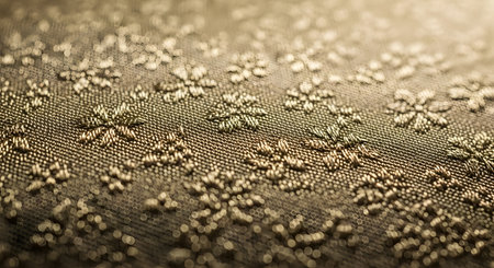 A close-up, macro photograph of a luxurious golden-brown textile with a repeating, intricately woven floral pattern. The shallow depth of field highlights the detailed texture of the brocade or jacquard fabric, conveying a sense of elegance and quality.の素材
