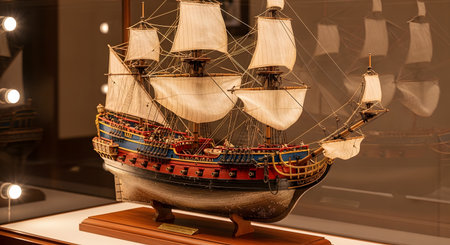 A meticulously crafted, detailed model of an 18th-century frigate or galleon is displayed in a museum glass case. The model showcases intricate rigging, sails, and cannons, representing maritime history, naval architecture, and the art of model making.の素材