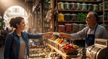 A smiling woman hands money to a friendly elderly male vendor at a vibrant and traditional spice market, likely in Turkey. The stall is filled with colorful spices and goods, capturing a moment of commerce, travel, and local culture.の素材