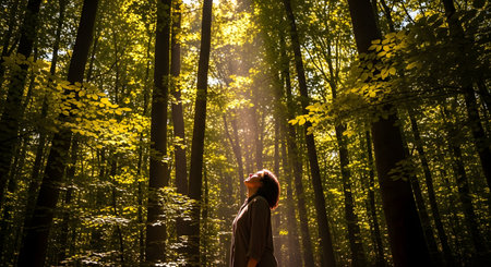 A woman stands in a lush green forest, looking up as golden sunbeams stream through the canopy of tall trees. The serene scene evokes feelings of peace, tranquility, hope, and a deep connection with nature.の素材