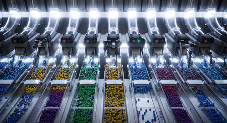 A high-tech automated machine sorts thousands of small, colorful spheres into separate channels on a production line. The futuristic design with bright lights and precise robotic arms illustrates concepts of automation, manufacturing, sorting technology, and pharmaceutical production.の素材