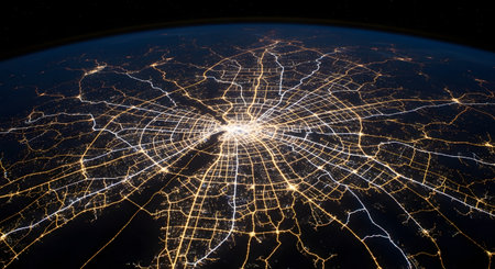 An expansive aerial view of a brightly lit city at night, seen from space. A dense, glowing urban core radiates outward through a complex network of roads and highways, illustrating connectivity, infrastructure, and modern civilization.の素材