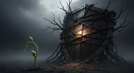 A powerful conceptual image showing a single, vibrant green sprout growing in cracked, dry earth next to a large, weathered medieval shield wrapped in dark, thorny vines. The scene symbolizes hope, resilience, new beginnings, and life overcoming adversity and darkness.の素材
