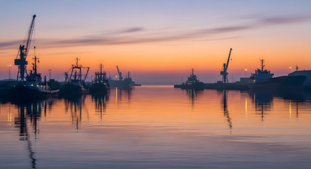 Silhouettes of tugboats, cargo ships, and industrial cranes stand peacefully in a calm harbor during a beautiful sunrise or sunset. The sky is painted with warm hues of orange, yellow, and purple, which are perfectly reflected in the still water. The scene blends industrial activity with serene natural beauty.の素材