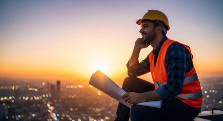 A happy and successful construction engineer or architect, wearing a hard hat and safety vest, sits on a rooftop holding blueprints. He is looking thoughtfully at the city skyline during a beautiful sunset, symbolizing vision, ambition, and achievement.の素材