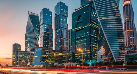 A stunning cityscape of a modern financial district at dusk, featuring illuminated glass skyscrapers and long exposure light trails from traffic on the highway below. The scene captures the vibrant energy and architectural innovation of a major metropolis.の素材