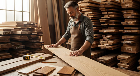 A focused senior craftsman with a grey beard, wearing a leather apron, inspects a wooden plank on a workbench. His workshop is filled with neatly stacked lumber of various types like maple, cherry, and pine, representing traditional woodworking and skill.の素材