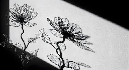 A handmade wire flower sculpture is illuminated to cast a distinct, artistic shadow on a textured white wall. This black and white image highlights the contrast between the delicate object and its projection, symbolizing art, craft, and minimalism.の素材