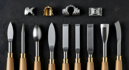 A neatly arranged collection of professional sculpting and carving tools with wooden handles and various metal tips, displayed on a dark, textured surface. The assortment represents craftsmanship, artistry, pottery, clay modeling, and precision work.の素材