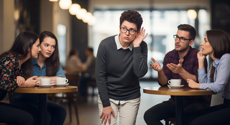A curious woman with glasses leans in and cups her hand to her ear, secretly listening to the conversations of two other groups of people at tables in a busy cafe. The scene humorously depicts concepts of eavesdropping, gossip, curiosity, and miscommunication.の素材