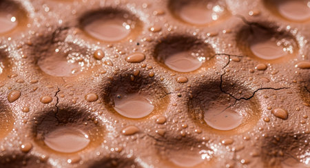 A macro photograph captures water droplets resting in the dimples of a textured, cracked brown surface, possibly a waterproof foam mat. The close-up detail highlights the concepts of texture, liquid, surface tension, and weather resistance.の素材