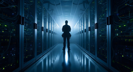 A silhouette of an IT administrator or engineer stands in the brightly lit corridor of a modern data center, surrounded by racks of network servers. The blue, futuristic lighting emphasizes themes of big data, cloud computing, and cybersecurity.の素材
