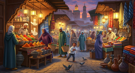 An illustrative, vibrant scene of a bustling night market in Morocco, with vendors selling colorful spices and textiles from their stalls. People in traditional clothing browse the market under the warm glow of lanterns, creating a lively and cultural atmosphere.の素材