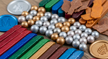 A collection of supplies for wax sealing, including colorful sticks of wax, metallic gold and silver beads, and finished seals with initial and leaf imprints. The assortment is arranged on a wooden surface, representing a traditional and elegant hobby or craft.の素材