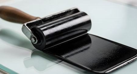 A close-up shot of a printmaking brayer with a wooden handle, evenly coated in glossy black ink. The roller rests on an ink plate on a smooth, reflective glass surface, ready for use in techniques like lino printing or woodcut.の素材