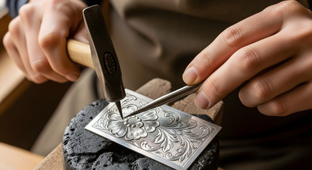 A close-up shot of a skilled craftsman's hands using a hammer and chisel to meticulously engrave an intricate floral pattern onto a silver plate. This image highlights the traditional art of metalworking, precision, and handmade craftsmanship.の素材