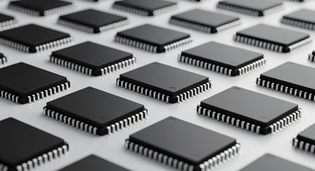 An array of black microchips, or integrated circuits, are arranged in a neat grid pattern on a clean white surface. The image represents the semiconductor industry, computer technology, electronics manufacturing, and mass production.の素材