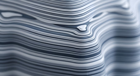 A close-up of a wavy, abstract 3D surface made of thin, stacked layers in shades of blue and white. The intricate lines and curves resemble a topographic map or parametric design, creating a modern and technological background.の素材