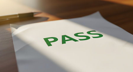 A close-up of a white sheet of paper on a wooden desk with the word "PASS" printed in bold green letters. Warm sunlight highlights the document, symbolizing success, achievement, approval, and passing an exam or test.の素材