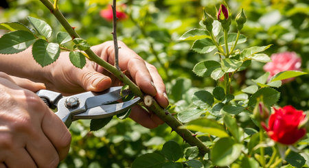 Close-up of a gardener's hands using metal pruning shears to carefully cut a thorny rose bush stem. The background shows a lush garden with green leaves and budding roses, representing garden maintenance, horticulture, and plant care.の素材