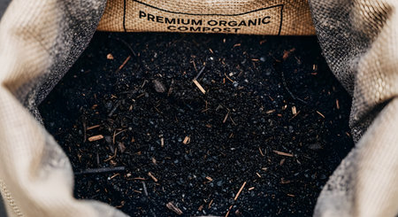 A close-up, top-down view into an open burlap sack revealing rich, dark premium organic compost. The texture of the soil amendment is visible, highlighting concepts of gardening, agriculture, sustainability, and organic farming.の素材