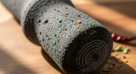 A macro, close-up shot of a traditional tejolote, the pestle for a molcajete, made from porous volcanic stone. Flecks of spices and herbs are visible on its textured surface, representing authentic cuisine, food preparation, and Mexican culinary traditions.の素材