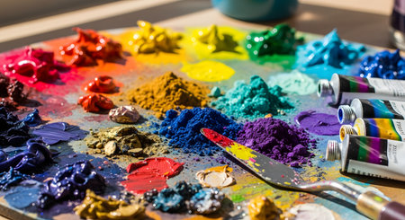 A close-up of an artist's wooden palette covered in a vibrant array of colors. Oil paints are squeezed from tubes next to piles of powdered pigments, with a palette knife ready for mixing, all illuminated by bright sunlight.の素材