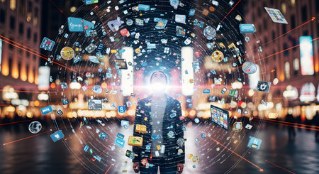 A man stands in a bustling city at night, looking up as he is surrounded by a massive, swirling vortex of glowing social media icons, apps, and digital content. This conceptual image represents the modern era of information overload, digital connectivity, and the overwhelming nature of the online world.の素材