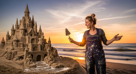 A happy woman in overalls holds a small trowel, proudly gesturing towards a large, elaborate sandcastle she has built on a sandy beach. The sun is setting over the ocean in the background, casting a warm golden glow on the scene, evoking feelings of creativity, accomplishment, and summer joy.の素材