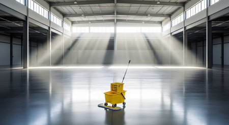 A single yellow mop bucket and cleaning cart stands alone in the center of a vast, empty, and impeccably clean warehouse. Beams of light stream through the high windows, illuminating the polished floor, symbolizing a new beginning or professional cleaning services.の素材