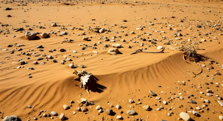 A sun-scorched desert landscape featuring rippled orange sand, scattered rocks, and desiccated plant remains. The harsh sunlight creates strong shadows, emphasizing the arid, dry, and barren environment.の素材