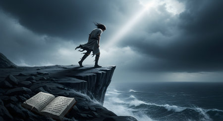 A dramatic and epic scene of a robed, long-haired figure resembling a biblical prophet standing on the edge of a rugged cliff overlooking a stormy sea. A single, powerful beam of light breaks through the dark clouds, shining down on the figure, symbolizing faith, revelation, and hope. An ancient book lies open on the rocks nearby.の素材