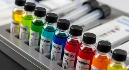 A water analysis test kit with a row of small glass vials containing colorful chemical reagents. The labels indicate tests for various parameters like pH, chlorine, nitrate, and hardness, used for scientific, environmental, or aquarium water testing.の素材