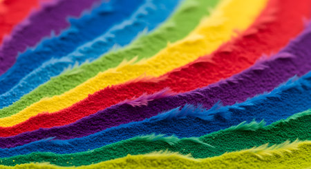 A close-up, macro view of vibrant powders arranged in diagonal stripes forming a rainbow of colors. The textured pigments create a bright, cheerful, and abstract background, often associated with celebrations like the Holi festival.の素材
