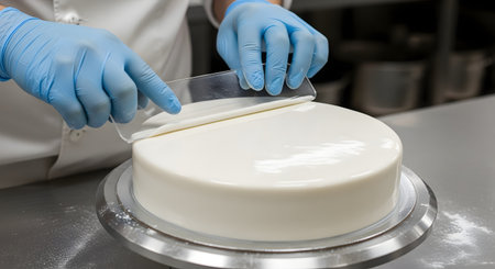 In a professional kitchen setting, a pastry chef wearing blue gloves uses a plastic scraper to perfectly smooth the white fondant icing on a round cake. The cake sits on a stainless steel rotating stand, showcasing the precision and skill of a confectioner.の素材