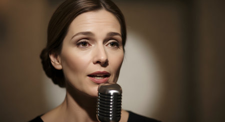 A close-up portrait of an elegant woman singing with emotion into a classic vintage microphone. The warm, soft lighting creates a timeless and professional atmosphere, suitable for concepts of music, performance, and public speaking.の素材