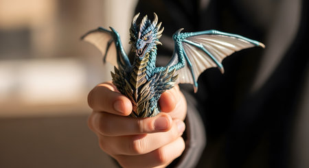 A close-up of a person's hand holding a small, intricately detailed figurine of a blue and silver dragon with its wings spread. The fantasy creature is presented as a collectible or a symbol of power and mythology.の素材