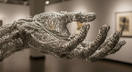 A detailed, close-up shot of a complex wire sculpture forming a human hand, on display in an art gallery. The intricate metalwork showcases modern artistry and craftsmanship, with blurred artworks in the background creating a sophisticated atmosphere.の素材