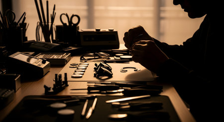 A silhouetted watchmaker meticulously works on a timepiece at a cluttered workbench filled with precision tools. The dramatic lighting highlights the artisan's hands and the intricate details of the craft, conveying dedication, skill, and precision.の素材
