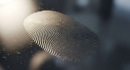 A detailed macro shot of a human fingerprint left on a dark, reflective surface, illuminated by a warm light. The intricate patterns of ridges and whorls are clearly visible, representing concepts of identity, security, biometrics, and forensics.の素材