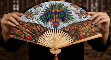 A pair of hands holds open a beautiful, traditional Indonesian hand fan featuring an intricate and colorful batik pattern. Displayed against a carved wooden background, the image highlights Indonesian culture, art, and traditional craftsmanship.の素材