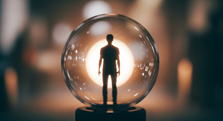 A conceptual image of a person's silhouette standing inside a transparent, glowing sphere or bubble. This abstract visual represents themes of isolation, social distancing, personal space, introspection, protection, and individuality.の素材