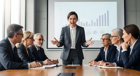 An energetic and confident businesswoman in a suit stands at the head of a table, enthusiastically presenting to a group of attentive colleagues in a modern boardroom. A screen behind her displays a growth chart, symbolizing leadership, success, and teamwork.の素材
