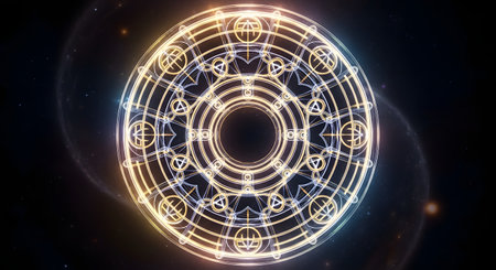 A complex, glowing golden and blue magic circle or arcane sigil floats in the darkness of space, surrounded by stars and a swirling nebula. The intricate geometric patterns suggest sacred geometry, alchemy, or a powerful fantastical spell.の素材
